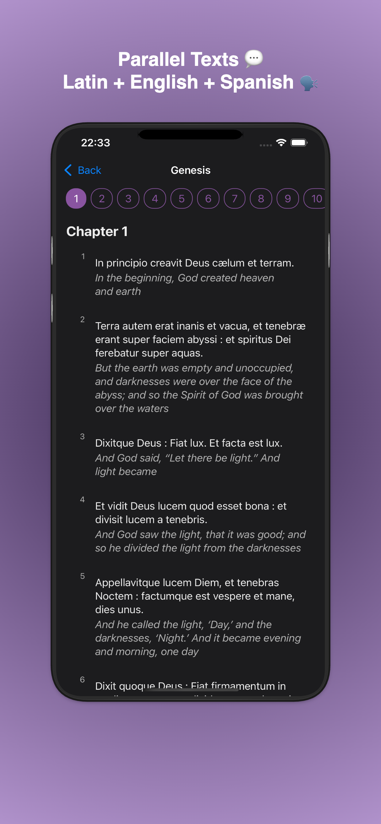 Parallel bilingual Bible text view showing Latin Vulgate and English Catholic translation side-by-side for biblical study